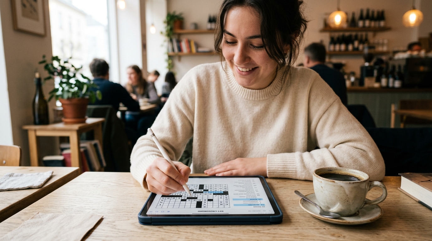 Digitalt kryssord på et nettbrett med interaktive felter og tastatur