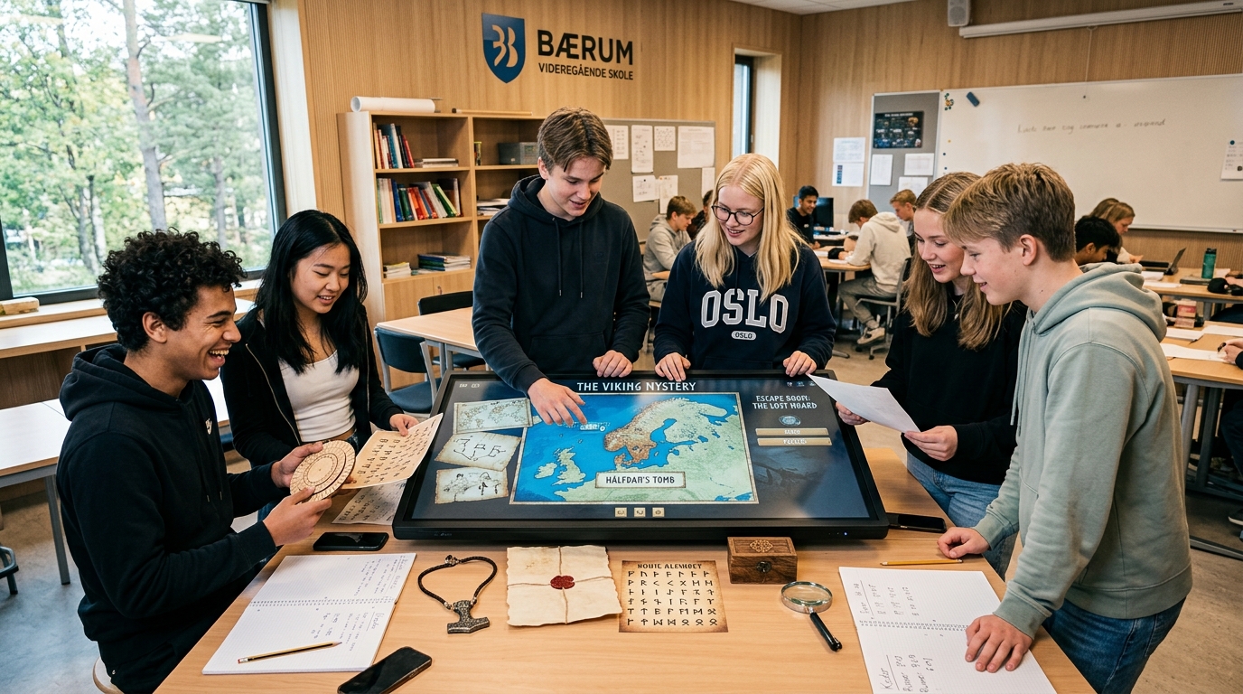 Elever i et klasserom som samarbeider rundt en skjerm med historiske gåter og kart