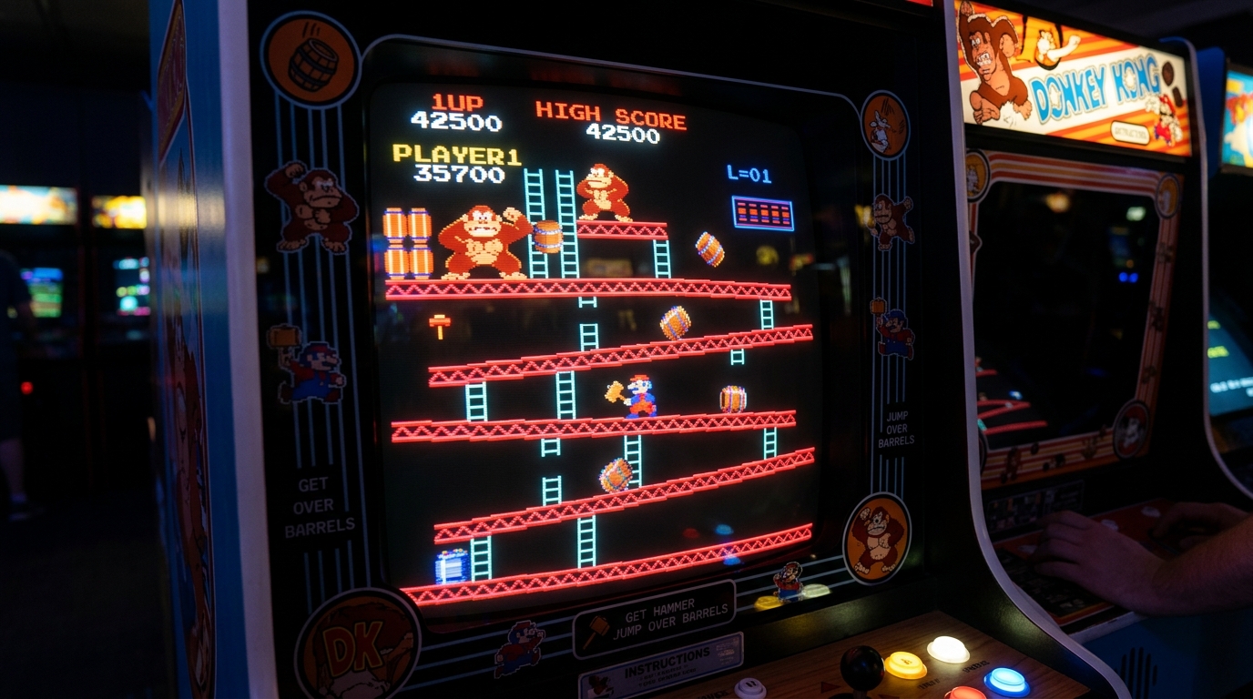 Klassisk Donkey Kong-bane med røde stålbjelker og tønner som ruller