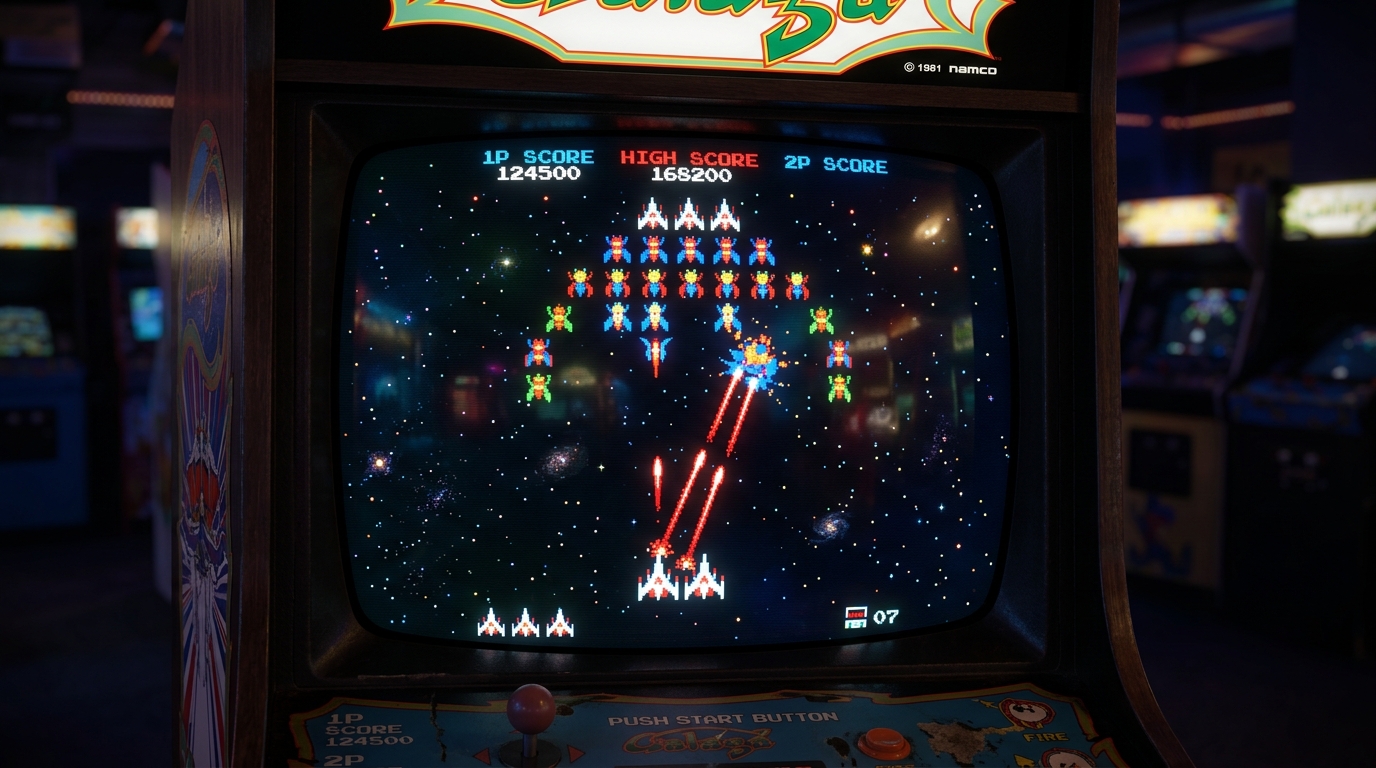 Formasjon av fargerike insektskip i Galaga mot et stjernedekket rom
