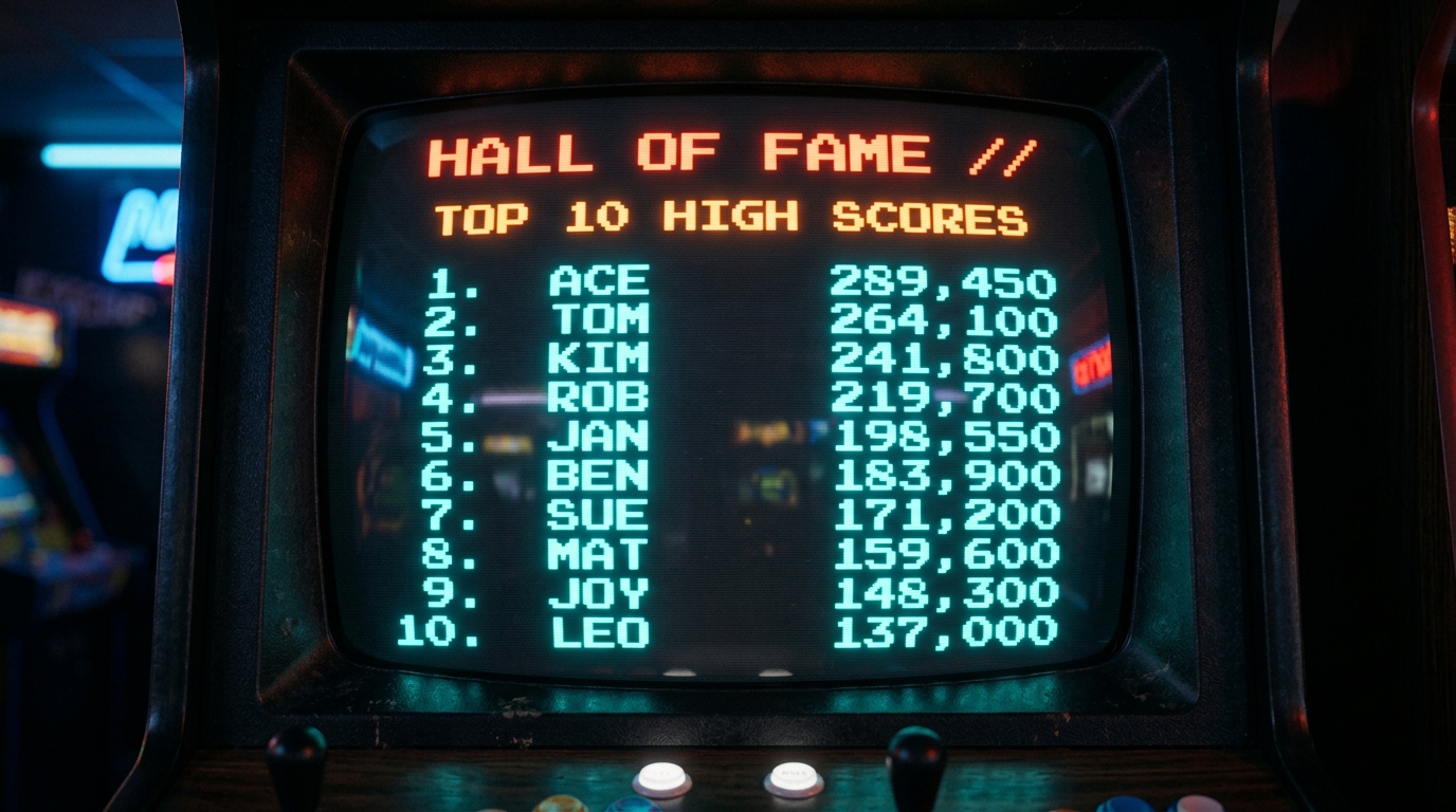 Et lysende display som viser «HIGH SCORE» og en liste med tre-bokstavers initialer