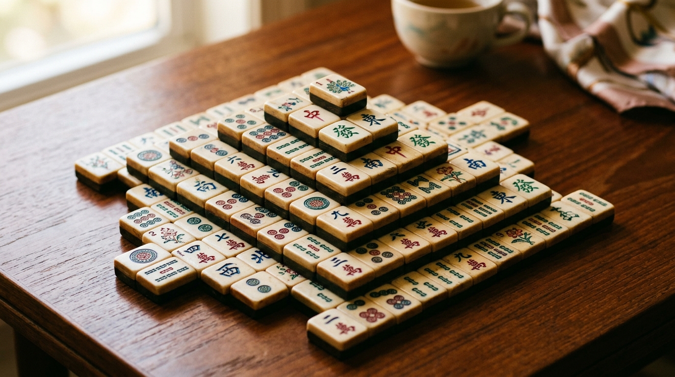Vakkert mønster av kinesiske Mahjong-brikker stablet i en pyramide