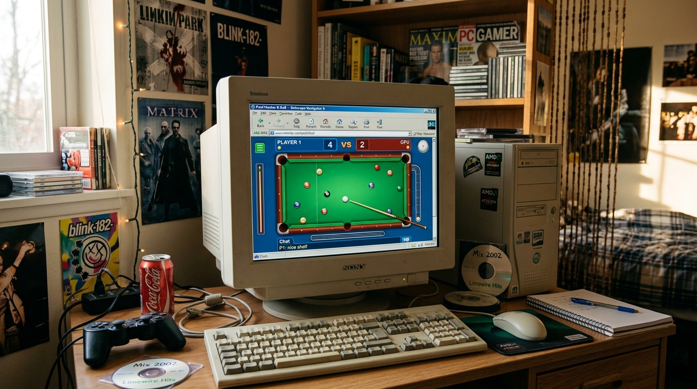 Illustrasjon av en retro nettleser med et digitalt biljardbord og minispill
