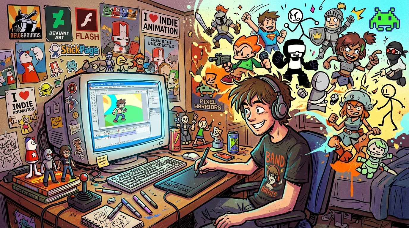Kunstnerisk illustrasjon av Flash-animasjon og indie-spillfigurer