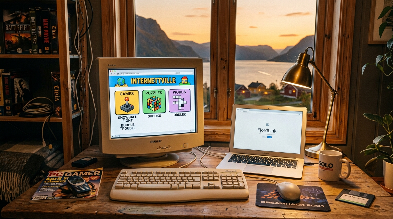 Nettleservindu med fargerik spillkatalog og klassiske nettspill fra tidlig 2000-tall