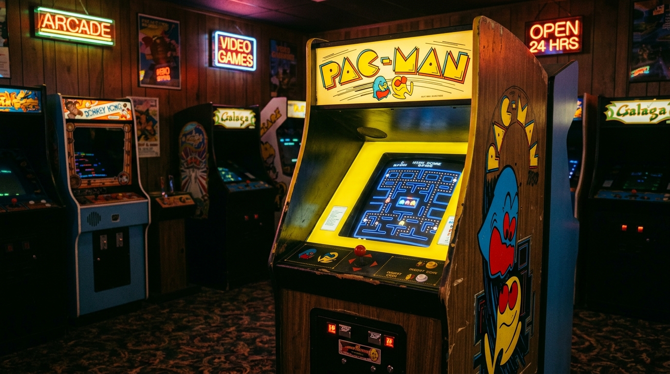 Klassisk Pac-Man arkadekabinett med lysende labyrint og fargerike spøkelser