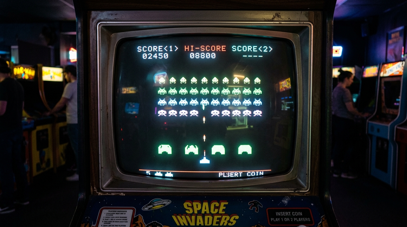 Pixel-aliens som marsjerer nedover skjermen i Space Invaders
