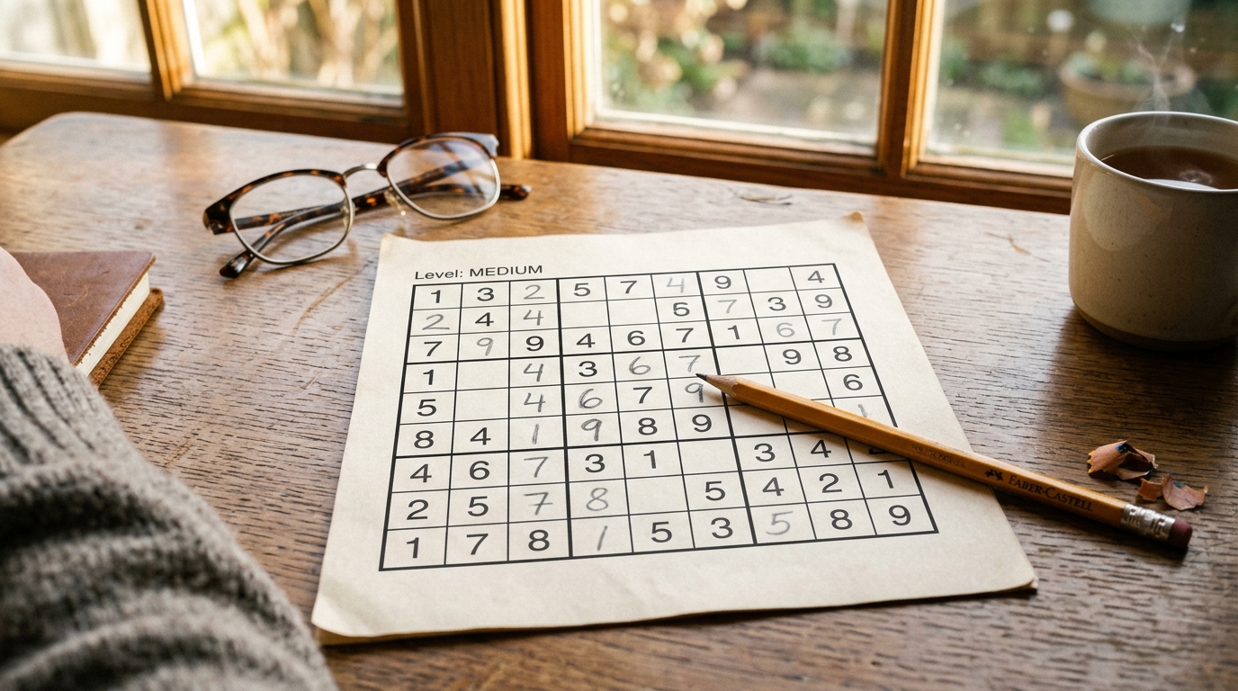Klassisk 9x9 Sudoku-rutenett med svarte tall og blyantnotater