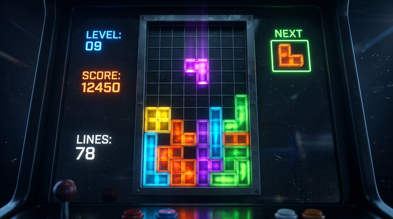 Fargerike geometriske Tetris-brikker som faller inn i et mønster