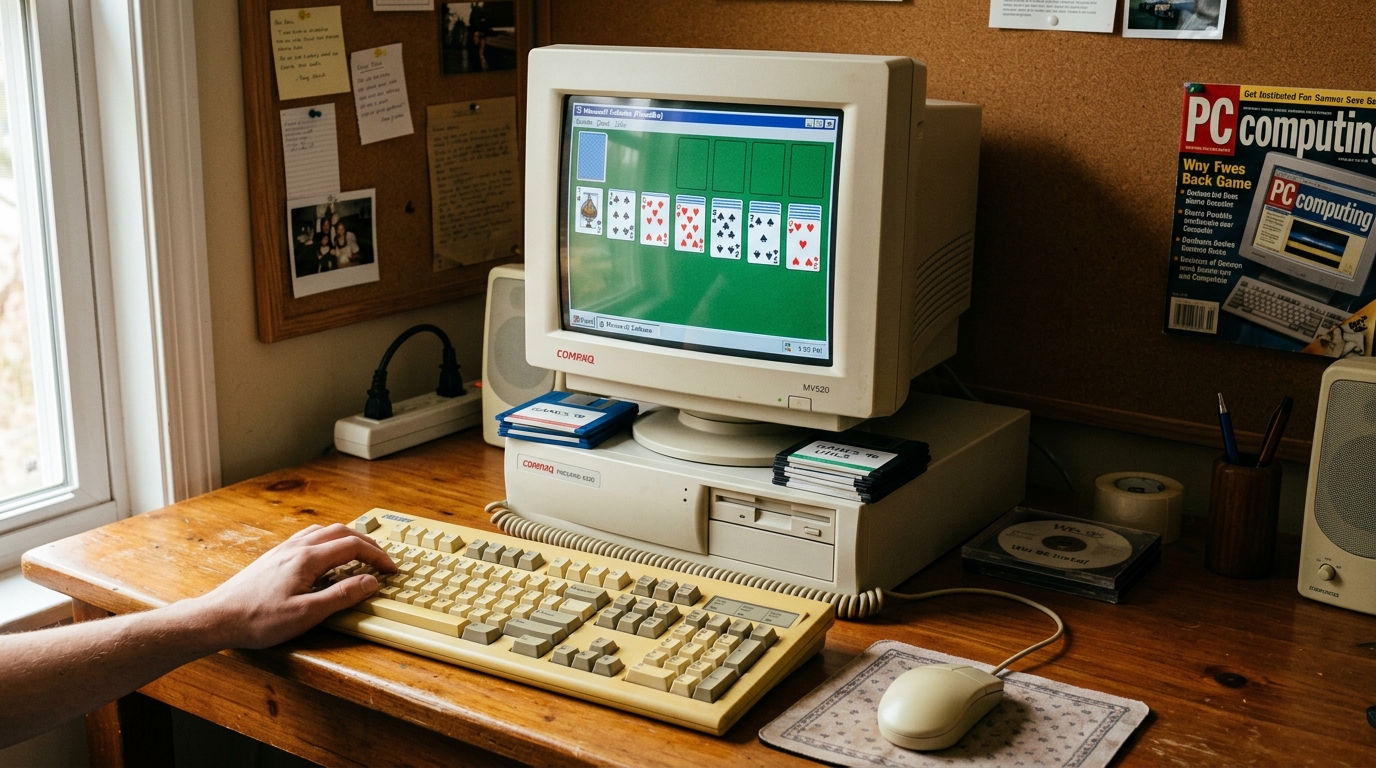 Klassisk Windows 3.1 kabal med grønn filt og fallende kortstokk ved seier